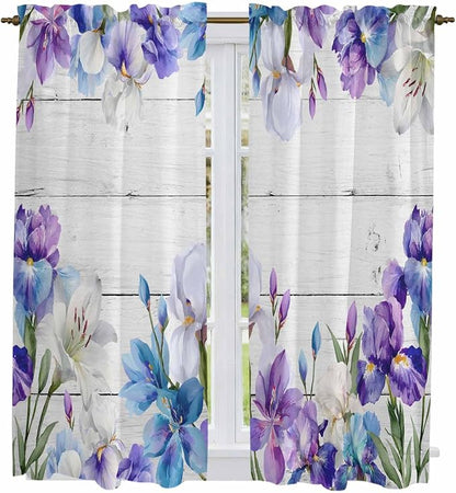 Spring Flowers Kitchen Curtains, Watercolor Garden Florals Wooden Grain Light by Unknown