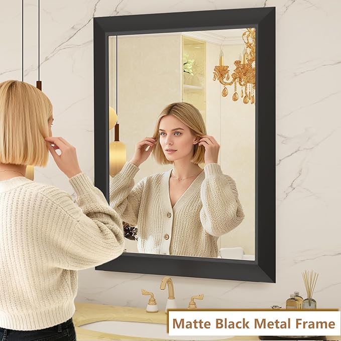 SMIROR Matte Black Bathroom Mirror for Over Sink 24x 32 inch, Metal Thick Frame Rectangle Vanity Mirror for Wall, Anti-Rust, Horizontally or Vertically Mounted