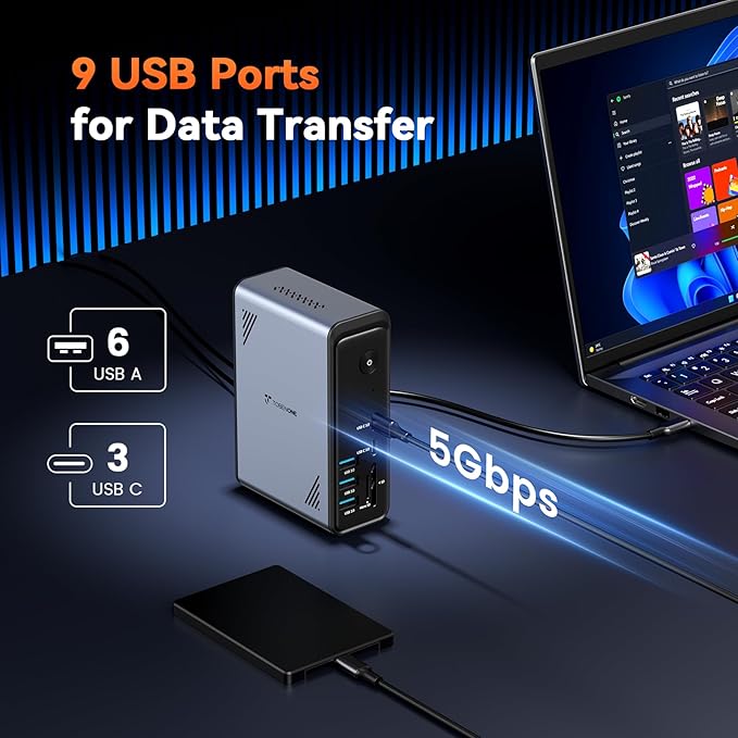 TobenONE 18 in 1 Laptop Docking Station 3 Monitors, Triple 4K Display with 3 HDMI, 9 USB Ports, Gigabit Ethernet, PD3.0, for Windows/Dell/Lenovo/HP/Thinkpad Laptops (No Power Adapter)