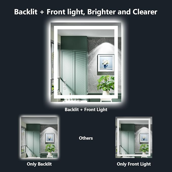 YEELAIT 24x30 Inch LED Bathroom Mirror with Lights Front and Backlit Lighted Vanity Mirror for Bathroom Wall with 3 Colors Dimmable Anti-Fog Memory Shatter-Proof IP54 Waterproof Horizontal/Vertical