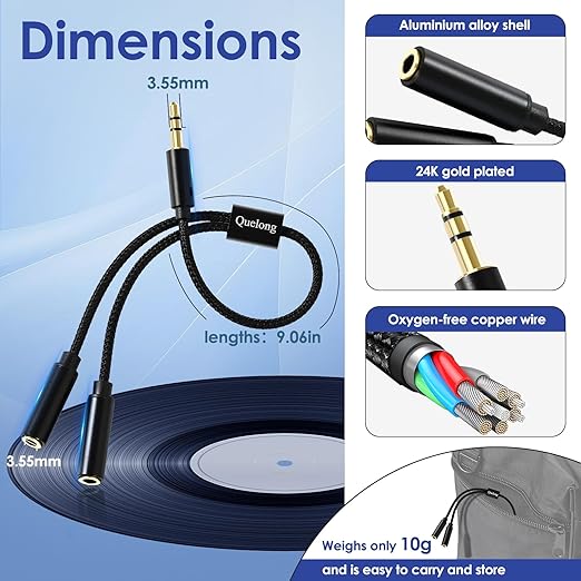 Quelong 2Pcs Headphone Splitter, Dual Headphone Nylon Braided Extension Cable, Hi-Fi Audios Stereo Y Splitter 3.5mm 2 Female 1 Male, Suitable for Phones, PS4, Amplifiers, Smartphones, Tablets,etc.