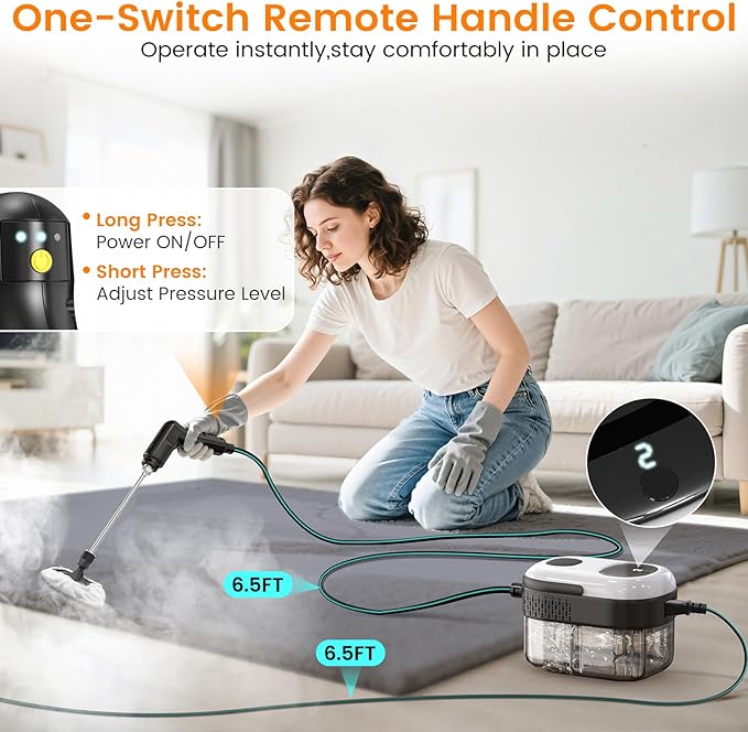 Pressurized Steam Cleaner, 3-Level Adjustable Handheld Steamer Cleaning for Home, 15s Fast Heat-Up & 47.3oz Tank, 2500W Multi-Surface Portable Steamer for Floor/Grout/Car/Kitchen & Bathroom