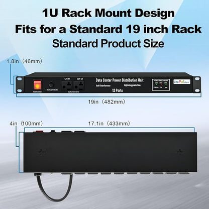 1U PDU Network Servers Surge Protector Power Distribution Unit 12-Outlet - Image 5