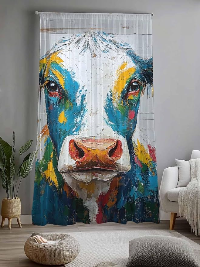 Sheer Curtains 108 Inches Long, Rustic Cow Semi Sheer Curtains Light Filtering - Image 2