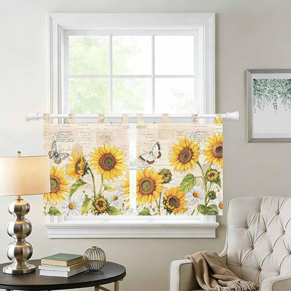 Yellow Sunflowers Kitchen Curtains 24 Inch Length, Small Window Curtains Tab Top - Image 2