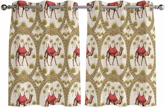 2 Panel Kitchen Cafe Curtains, Camels Palm Trees Sunlight Filtering Nature Air by Hokiten