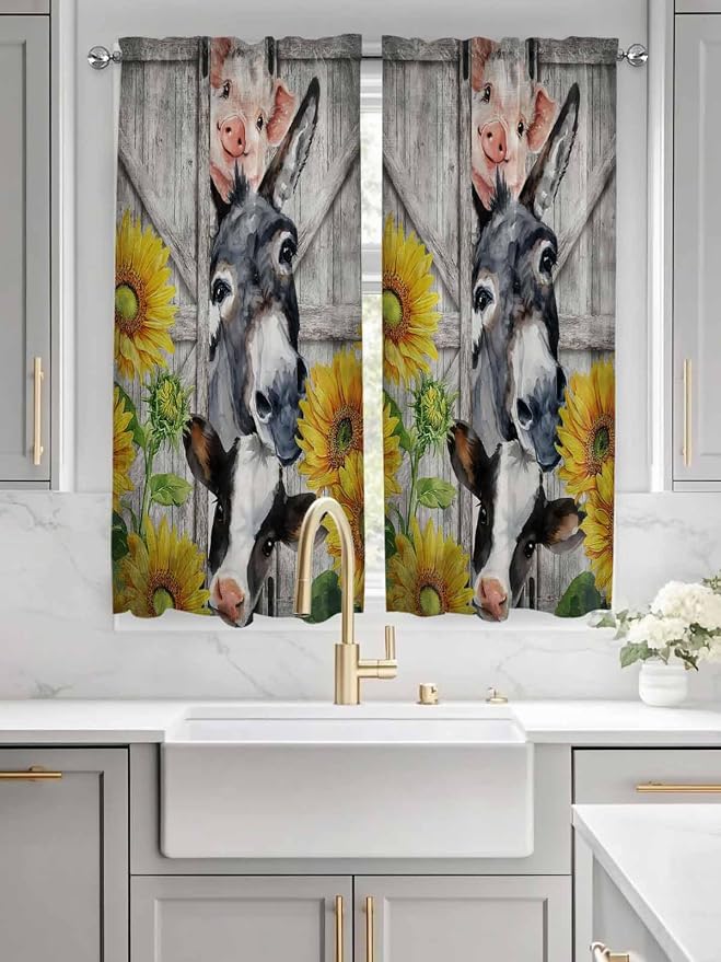 Farmhouse Living Room Curtains 72 Inches length, Vintage Sunflowers Animals - Image 3