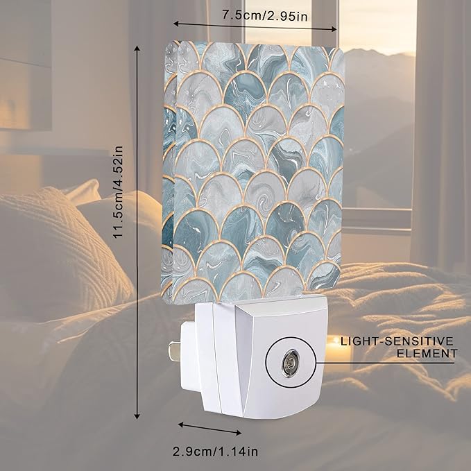 Smoaffly Mermaid Fish Scales Marble Night Light Plug-in LED Nightlights Auto Sensor Night Lamp Dusk-to-Dawn Lamp Home Decor for Nursery Children Girls Boys