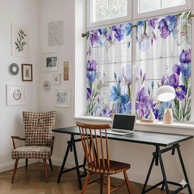 Spring Flowers Kitchen Curtains, Watercolor Garden Florals Wooden Grain Light - Image 6