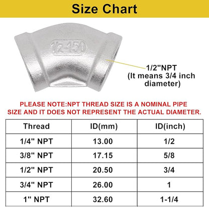 45 Degree Elbow 2PCS, 1/2" NPT Female x 1/2" NPT Female 304 Stainless Steel - Image 2