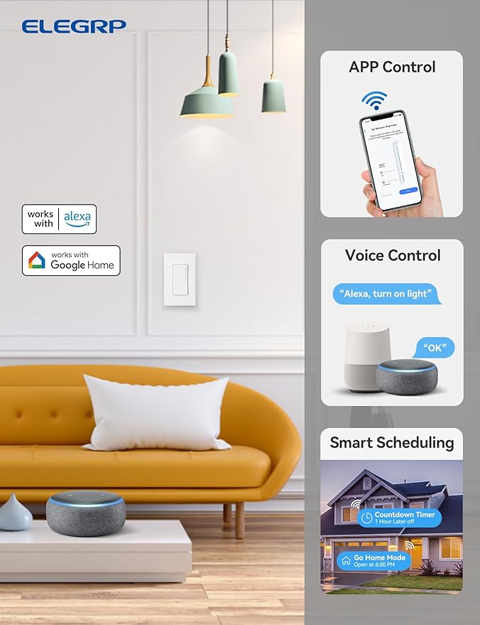 ELEGRP Smart Dimmer Light Switch DTR10, Single Pole Setup, 2.4GHz Wi-Fi Touch Dimmer Compatible with Alexa and Google Assistant, Needs Neutral Wire, No Hub Required, UL&FCC Listed, White, 4 Pack