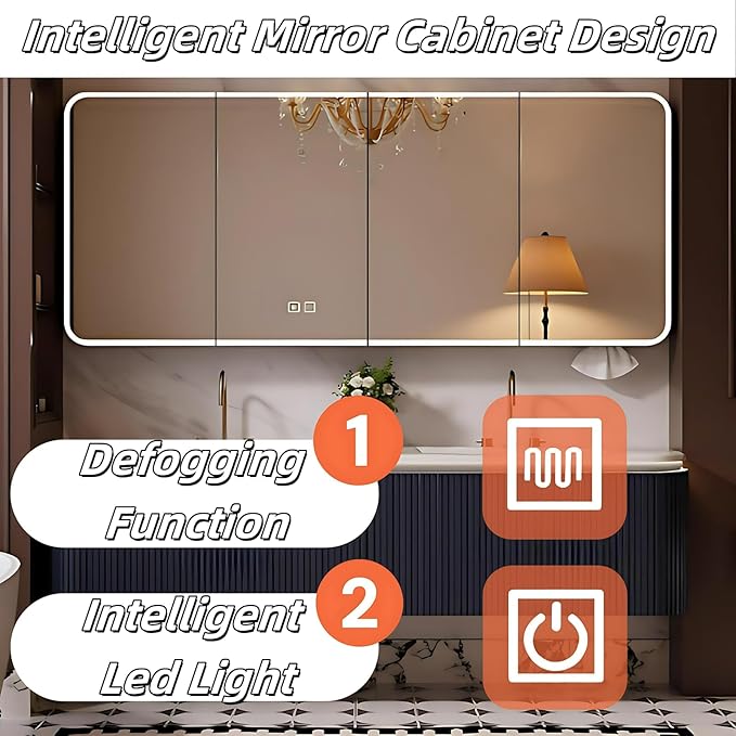 Bathroom Vanity with Double Sinks - LED Smart Defogging Mirror & Equipped with Tissue Hole | Modern Double Sink Bathroom Cabinet, 2 Drawers & Wavy Panel, Dark Blue (Mirror Cabinet, 88IN)