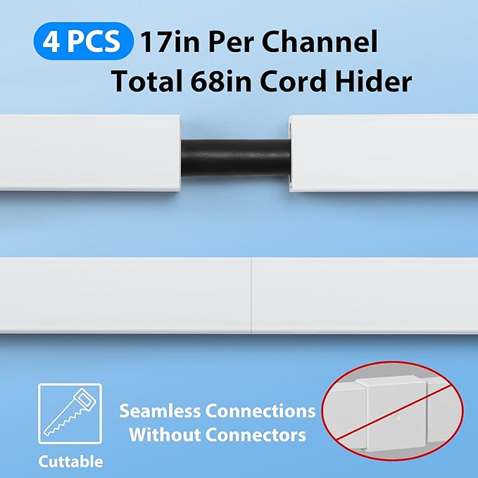 ZhiYo Cord Hider Wall for One Cord, 68in Cord Covers for Wires on Wall, Easy Install Cable Cover Wall, Cable Raceway Hide Cords, Cable Hider Cord Management Wall, 4X L17in W0.6in H0.4in Beige