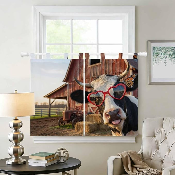 Farm Cows Kitchen Curtains 45 Inch Length, Short Cafe Window Curtains Tab Top - Image 2
