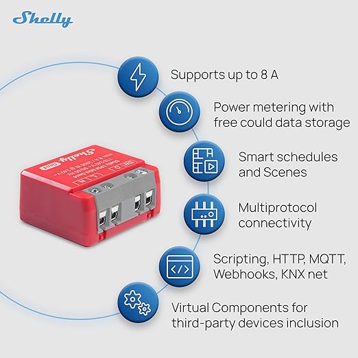 Shelly 1PM Mini Gen4 | Wi-Fi, Zigbee, Matter Smart Relay Switch with Power Metering, 1-Channel 8A | Home Automation | Alexa, SmartThings, Google, Apple HomeKit Compatible | iOS Android App (2 Pack)
