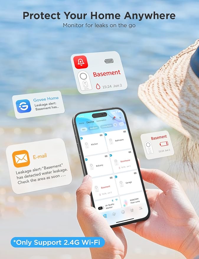 Govee WiFi Water Leak Detector 3 Packs, Leak Alert with Remotely Email/APP Push and Sound Alarm, Smart Water Sensor with 100dB Adjustable Alarm, Suit for Home and Basement