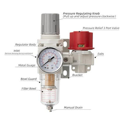Pneumatic Air Compressor Filter Regulator Combo 1/4" NPT 0-150 PSI, Pressure - Image 2