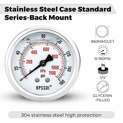 0-160 Psi Glycerin Liquid Filled Low Pressure Gauge, 2.5" Dial Size, 1/4" G - Image 4