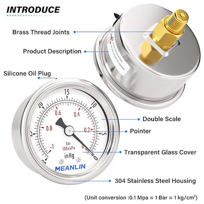 MEANLIN MEASURE -30inHG~0Psi Vacuum Gauge Stainless Steel 1/8" NPT 2" FACE DIAL - Image 4