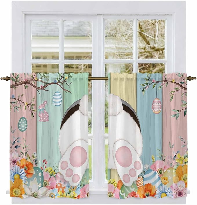Easter Kitchen Tier Curtains 45 Inch Long 2 Panel Set, Rod Pocket Short Window - Image 2