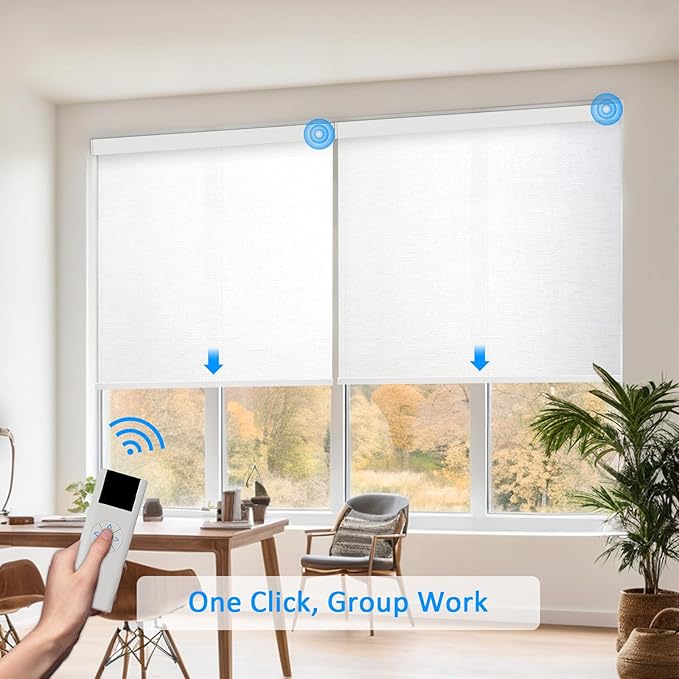 COOLWINDS Motorized Blinds with Remote Cordless Automatic Motorized Shades Custom Blinds for Windows Smart Curtains Compatible with Alexa Google Home(Light Filtering Jacquard White,W51 x H72in)