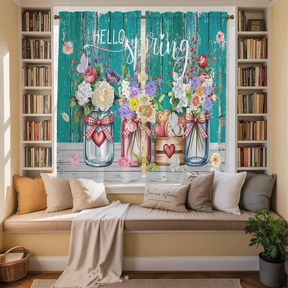 Spring Flowers Kitchen Curtains, Farmhouse Watercolor Teal Wood Grain Light - Image 3
