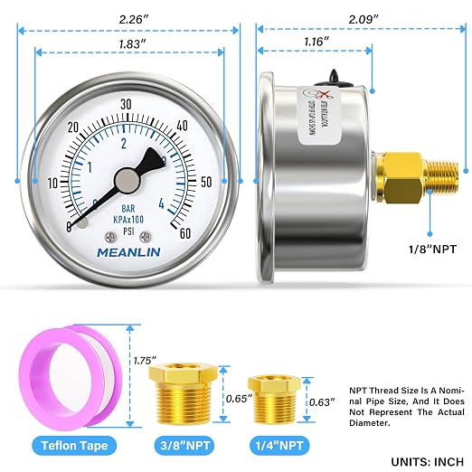 MEANLIN MEASURE 0~60Psi Dry Pressure Gauge Stainless Steel 1/8" NPT 2" FACE - Image 2