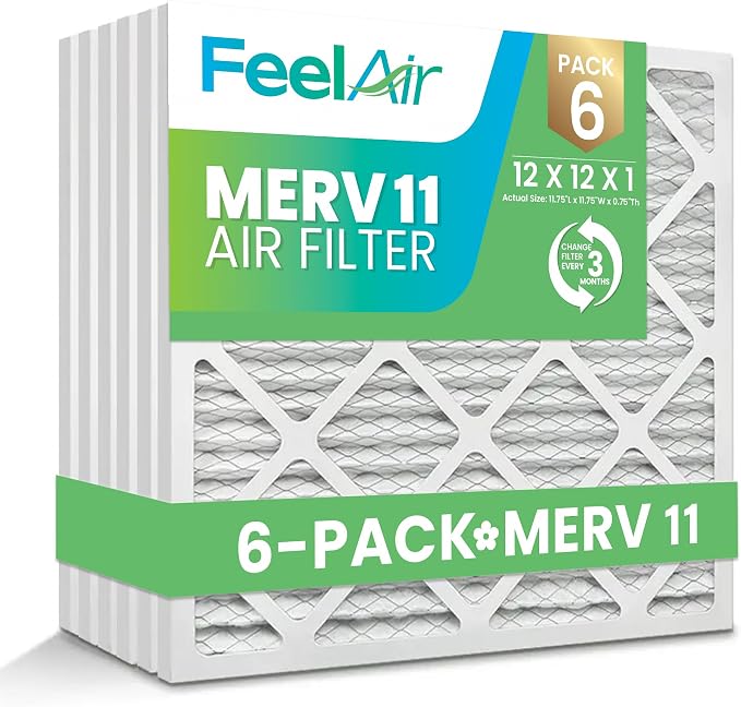 12x12x1 Air Filter – 6 Pack, MERV 11 Pleated HVAC & Furnace Filter, by Feelair