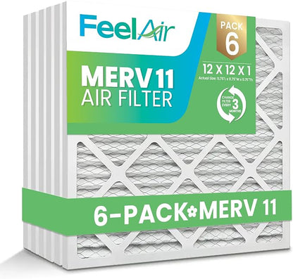 12x12x1 Air Filter – 6 Pack, MERV 11 Pleated HVAC & Furnace Filter, by Feelair