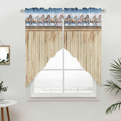 Western Horse Swag Valances for Windows, Farmhouse Wooden Grain Vintage Cowboy - Image 3