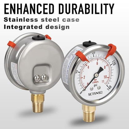 0 to 160 Psi Pressure Gauge, Glycerin Liquid Filled, 2.5 inch Dial, 1/4" NPT - Image 3