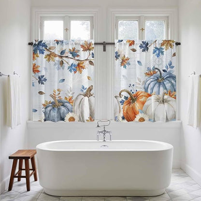 Fall Blue Maple Kitchen Curtains 54 Inch Long 2 Panel Set, Rod Pocket Window - Image 5