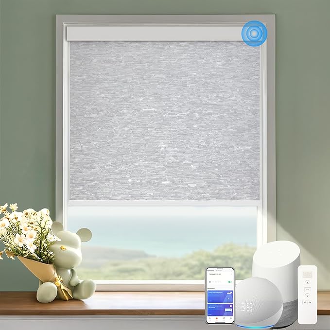 COOLWINDS Motorized Blinds with Remote Cordless Automatic Motorized Shades Custom Blinds for Windows Smart Curtains Compatible with Alexa Google Home(Blackout Jacquard Grey,W27 x H72in)
