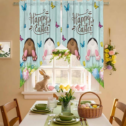 Swag Curtain Valances for Kitchen Windows, Happy Easter Bunny Butt Egg Floral - Image 3