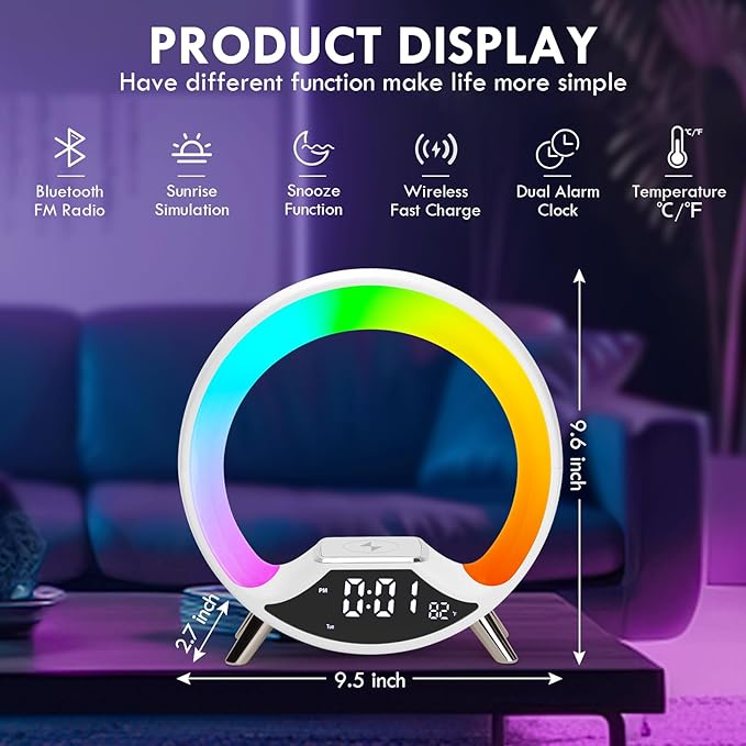 GuDoQi Sunrise Alarm Clock with Fast Wireless Charger Station and Bluetooth, Full Screen with Sunrise Simulation Light, Sleep Aid, Dual Alarms, FM Radio, More Than 10 Colors Nightlight for Bedrooms
