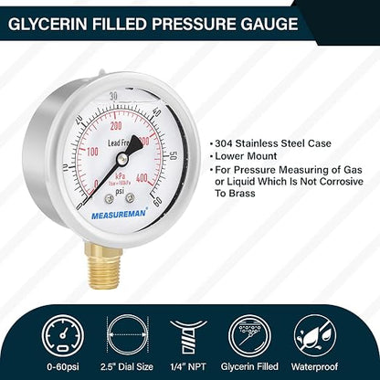 MEASUREMAN Lead-Free Pressure Gauge, 2-1/2inch Dial, Glycerin Filled, - Image 2