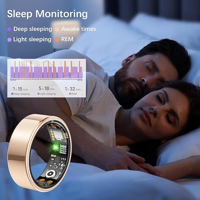 Smart Health Ring for Women Men, Fitness Tracker Ring with Heart Rate, Blood Oxygen, Sleep Tracker, Step Tracker, No Subscription Fee, IP68 Waterproof Smart Ring for iPhone & Android (Rose Gold, 9#)