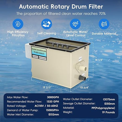 Rotary Drum Filter-3000GPH, 110V-240V High Pressure Cleaning Drum Filter - Image 3