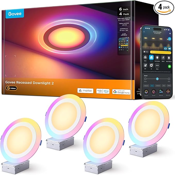 Govee Smart Recessed Lighting 6 Inch, Matter RGBIC LED Recessed Light Work with Alexa, Google Assistant, Dimmable 1100LM Canless Downlight with Junction Box for Living Room, Bedroom, Kitchen 4 Pack