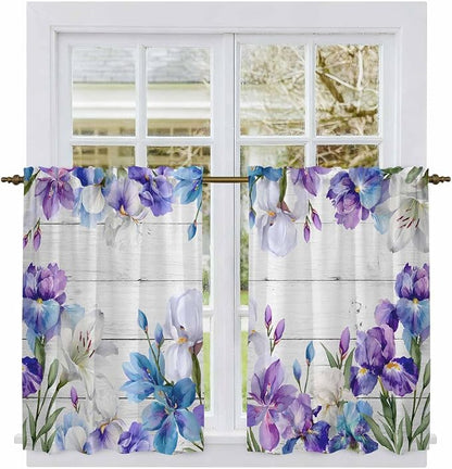 Spring Flowers Kitchen Curtains, Watercolor Garden Florals Wooden Grain Light by Unknown