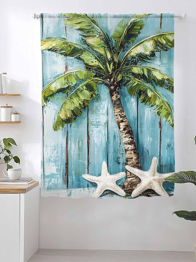 Sheer Curtains 63 Inch Length, Coastal Beach Starfish Semi Sheer Curtains Light - Image 2