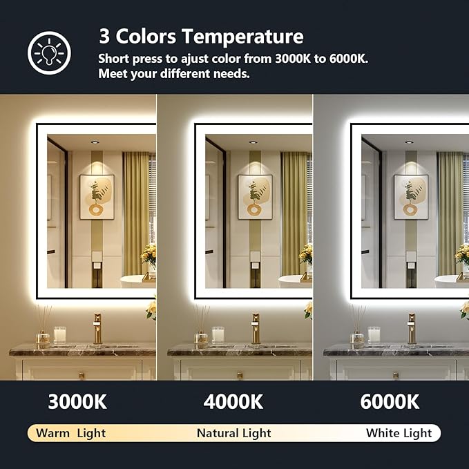 YEELAIT 40x32 Inch LED Bathroom Mirror with Lights (Front Lit and Backlit) Black Framed Lighted Vanity Mirror for Bathroom Wall Dimmable Anti-Fog Memory Tempered Glass Horizontal/Vertical