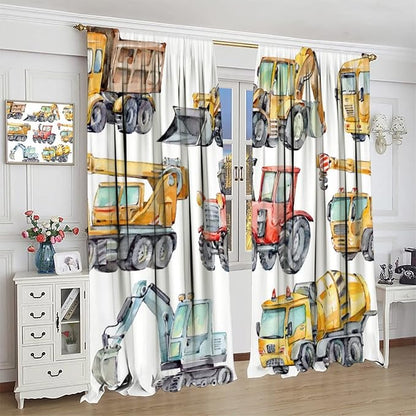 Kids Excavator Curtains, Retro Truck Tractor Machinery Construction Vehicle - Image 3