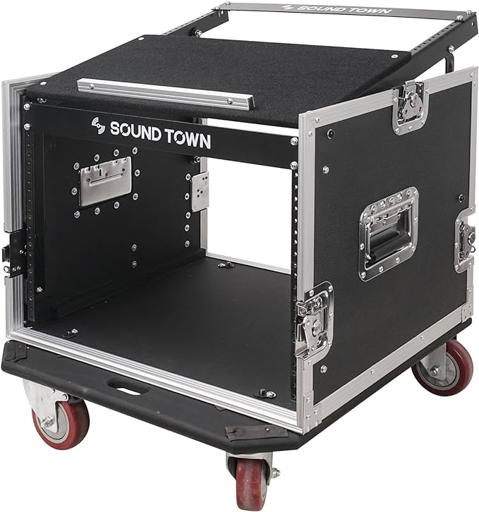 Sound Town Enhanced Thickness 1/2” (12mm) Plywood 8U Audio Rack/Road ATA Case with 11U Slant Mixer Top, 20’’ Rackable Depth, Casters, 8 Space Size, Pro Tour Grade (STMR-8UW)