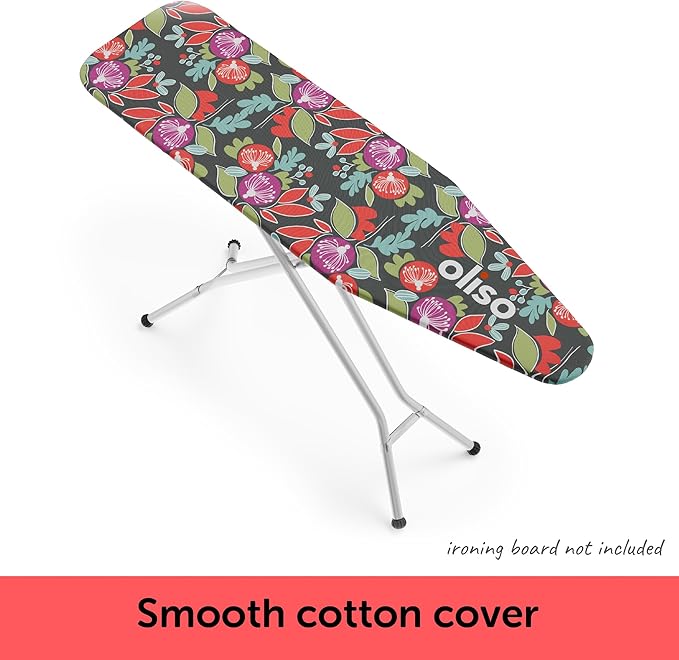oliso Ironing Board Cover – 100% Cotton with Professional Felt Pad, Fits Standard 54" x 15" Boards – Secure Fit with Wide Elastic Edge & Adjustable Straps – Floral
