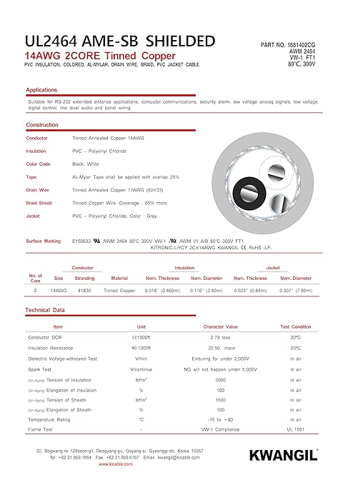 KWANGIL 2C 14AWG AMESB Shielded Cable Wire (UL2464) - Flexible Str TC, PVC Ins, OS+Drain+TC BRD, PVC JKT for CNC Machine, Stepper Motor, VFD Spindle (Gray 25FT)