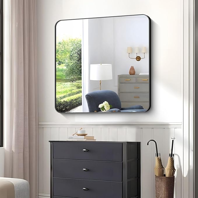 Bathroom Mirror, 42x42 inch Black Square Wall Mirror, Rounded Corner Aluminum Metal Frame Vanity Mirror, Large Wall Mounted Mirrors for Over Sink Bedroom Living Room Entryway