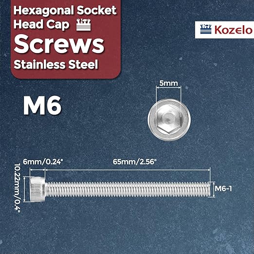 Kozelo 5pcs Socket Head Cap Screws - [M6-1 x 65mm] 304 Stainless Steel Allen Socket Drive for Electrical Motor 3D Printing Fan Engine Replacement Use, Silver