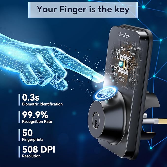 Ulecoce Fingerprint Keypad Deadbolt with Handle Set, Keyless Entry Door Lock, Door Locks for Front Door Lock Set, App Control, Auto Locking, Easy to Install, Matte Black