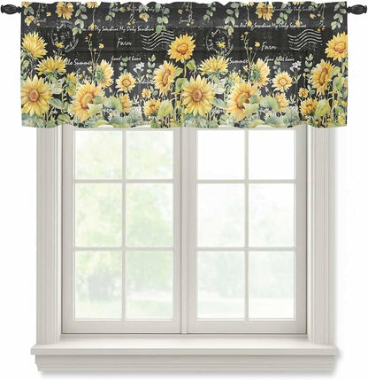 Summer Floral Sheer Valance Curtains, Watercolor Sunflower Eucalyptus Leaves by Houseown